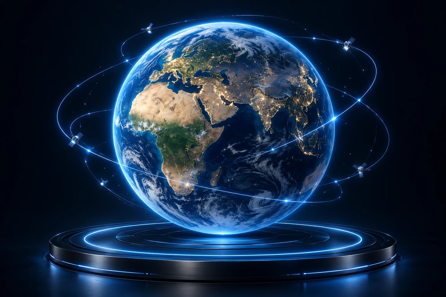Earth at dusk, with illuminated cities and blue orbital connections above a titanium platform